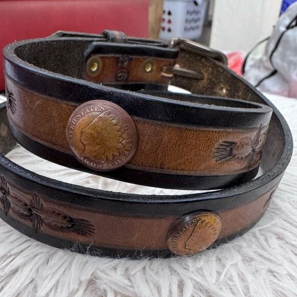 Southwick Leathers Vintage Indian Head Penny Coin Hand Tooled Leather Belt Sz 26 main image 6